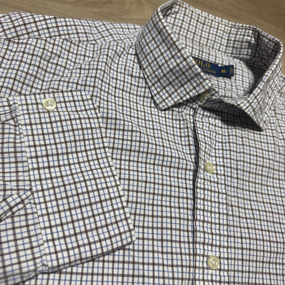 Polo Ralph‎ Lauren Button Down Mens XL White Blue Brown Check Long Sleeve Shirt